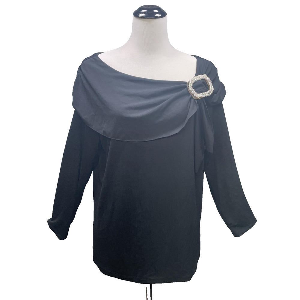 NWT Avenue Stretch Womens 14/16 Black Beaded Buckle Asymmetric Drape Neck Top